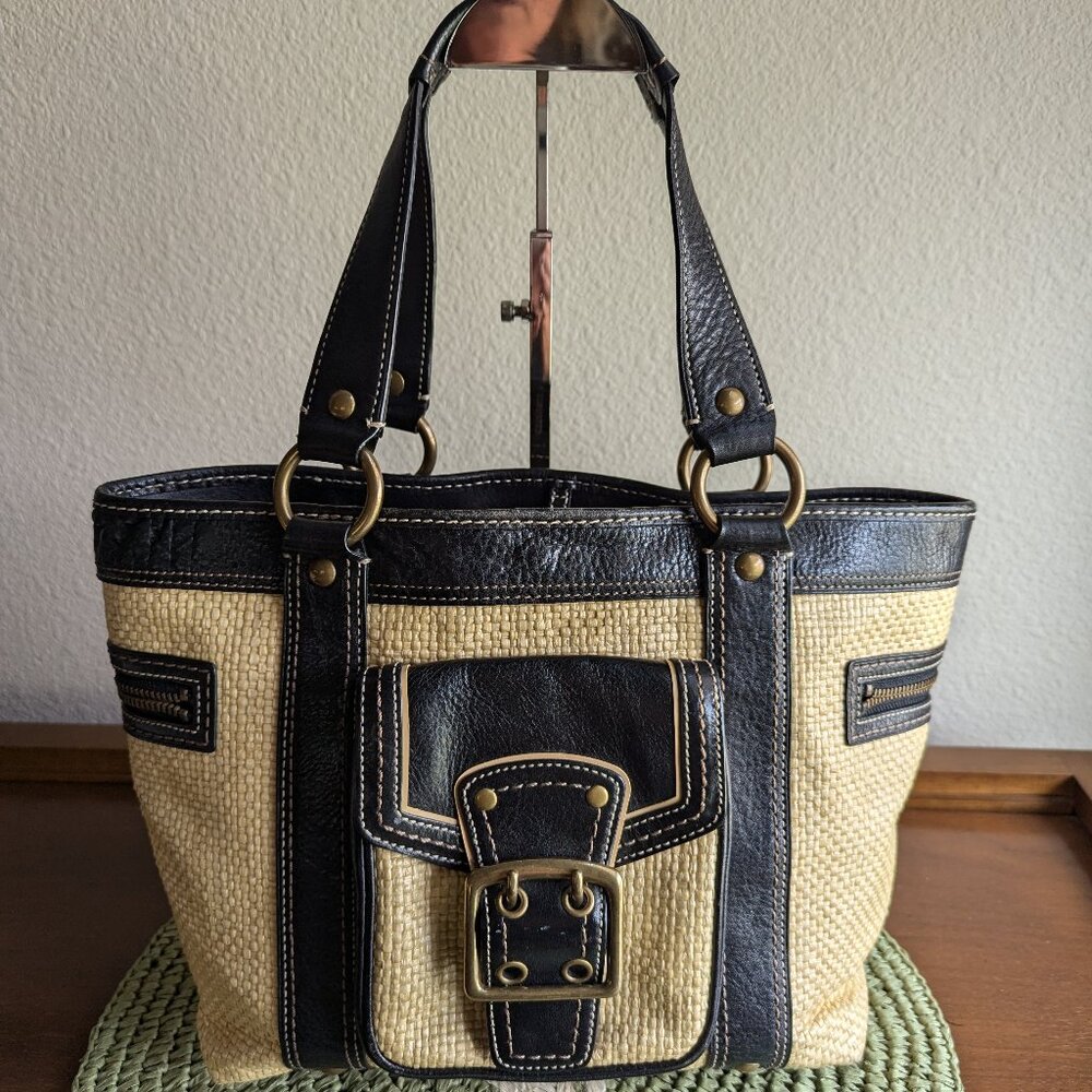 COACH Vintage Legacy Satchel Tote Straw & Leather Handbag Black/Cream MO5K-113
